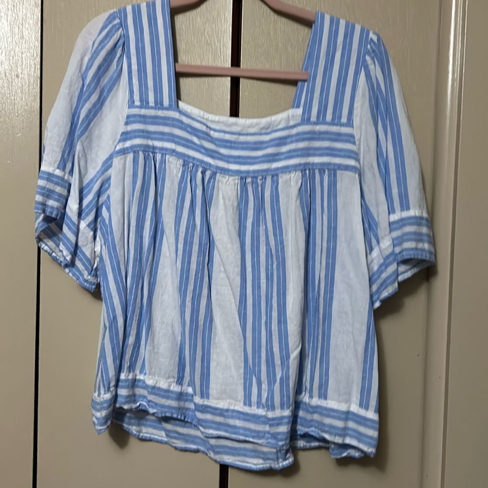Square neck linen blend striped blouse